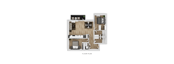 A floor plan of a small apartment with a kitchen, living room, and bedrooms.