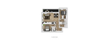 A floor plan of a small apartment with a living room, kitchen, and bedroom.