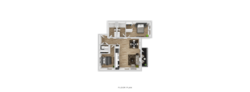 A floor plan of a house with a kitchen, living room, dining room, and two bedrooms.