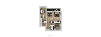 A floor plan of a small apartment with a living room, kitchen, and bedroom.
