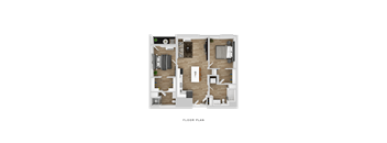 A floor plan of a small apartment with a kitchen, living room, and two bedrooms.