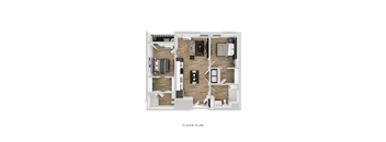 A floor plan of a house with a kitchen, living room, and two bedrooms.