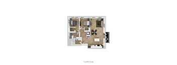 A floor plan of a house with a kitchen, living room, and two bedrooms.