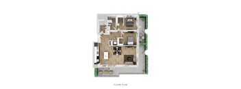 A floor plan of a house with a living room, kitchen, dining room, and two bedrooms.
