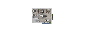 A top-down view of a house layout with a kitchen, living room, dining area, and bedrooms.