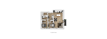 A floor plan of a house with a kitchen, living room, and two bedrooms.