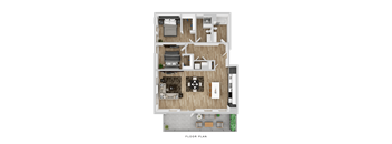 A floor plan of a house with a living room, kitchen, and two bedrooms.