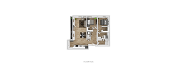 A floor plan of a house with a living room, kitchen, dining room, and bedrooms.