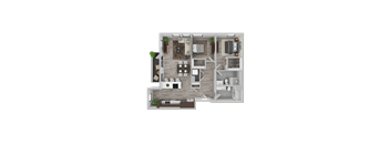 A top-down view of a house layout with a living room, kitchen, dining area, and bedrooms.