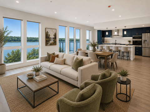 A modern living room with a large window overlooking a body of water.