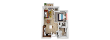 A top-down view of a small apartment with a living room, kitchen, and bedroom.