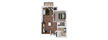 A top down view of a small apartment with a kitchen, living room, and bathroom.