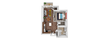 A top-down view of a small apartment with a living room, kitchen, and bathroom.