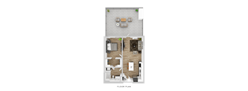 A floor plan of a house with two bedrooms, a living room, a kitchen, and a bathroom.