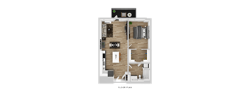 A floor plan of a house with a living room, kitchen, and two bedrooms.