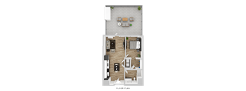 A floor plan of a small apartment with a kitchen, living room, and bedroom.