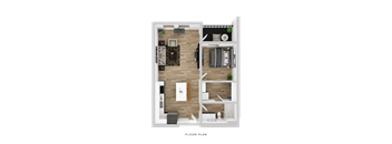 A floor plan of a small apartment with a living room, kitchen, and bedroom.