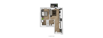 A floor plan of a small apartment with a living room, kitchen, and bathroom.