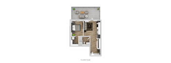 A floor plan of a house with a living room, kitchen, and bathroom.