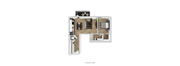 A floor plan of a house with a living room, kitchen, and two bedrooms.
