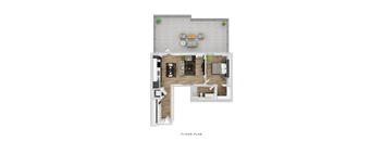 A floor plan of a house with a living room, kitchen, and two bedrooms.
