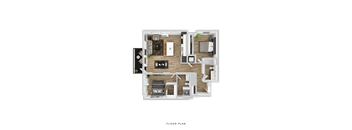 A floor plan of a house with a living room, kitchen, dining room, and two bedrooms.