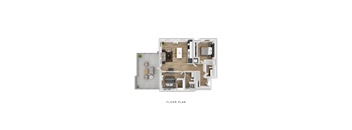 A floor plan of a house with a living room, kitchen, dining area, and two bedrooms.