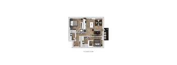A floor plan of a house with a kitchen, living room, and two bedrooms.