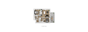 A floor plan of a house with a kitchen, living room, dining room, and two bedrooms.