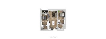 A floor plan of a house with a living room, kitchen, and two bedrooms.