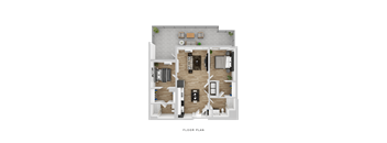 A floor plan of a small apartment with a kitchen, living room, and bedrooms.