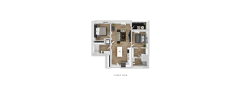 A floor plan of a house with a living room, kitchen, dining room, and bedrooms.