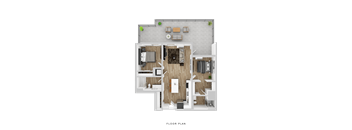 A floor plan of a house with a living room, kitchen, and two bedrooms.