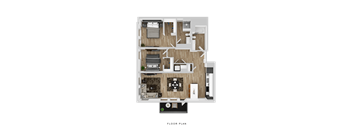 A floor plan of a house with a kitchen, living room, and two bedrooms.