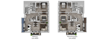 Two floor plans for a Glamour and Monochromatic unit.