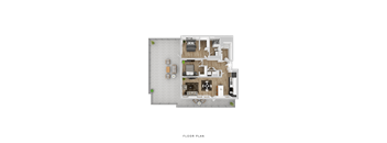 A floor plan of a house with a living room, kitchen, and two bedrooms.