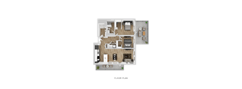 A floor plan of a house with a living room, kitchen, dining room, and bedrooms.