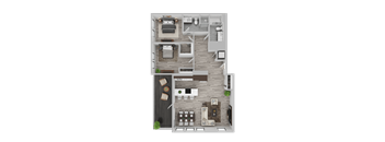 A top-down view of a modern apartment layout with a kitchen, living room, dining area, and bedrooms.