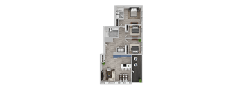 A top-down view of a house layout with a living room, kitchen, dining area, and bedrooms.