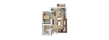 A top-down view of a small apartment with a bedroom, living room, and kitchen.