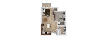 A top down view of a small apartment with a kitchen, living room, and bathroom.