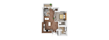 A top-down view of a small apartment with a kitchen, living room, and bathroom.