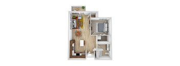 A top-down view of a small apartment with a kitchen, living room, and bathroom.