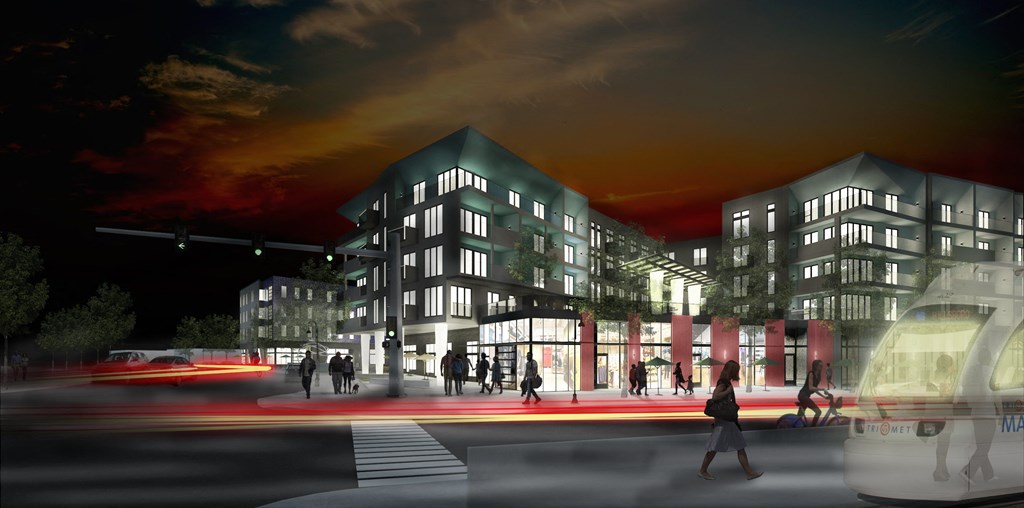 a rendering of a building at night with people walking in front of it