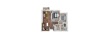 A 3D floor plan of a house with a kitchen, living room, dining room, and bedrooms.