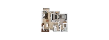 A top down view of a house layout with a kitchen, living room, dining room, and bedrooms.