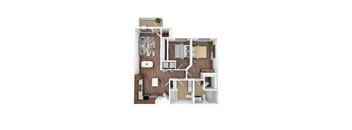 A 3D floor plan of a small apartment with a kitchen, living room, and bedrooms.