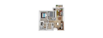 A top-down view of a house layout with a kitchen, living room, and bedrooms.