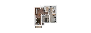 A top down view of a house layout with a living room, kitchen, and bathroom.