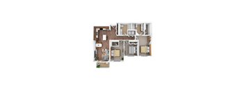 A top-down view of a house layout with a kitchen, living room, and two bedrooms.